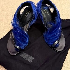 Dries Van Noten Women's Blue Feather Leather Sandals With Heels Brand New Size36